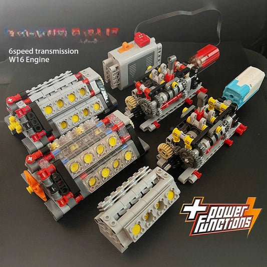 Building blocks, electric engine, V16 engine, MOC gearbox, cylinder, mechanical gear and more